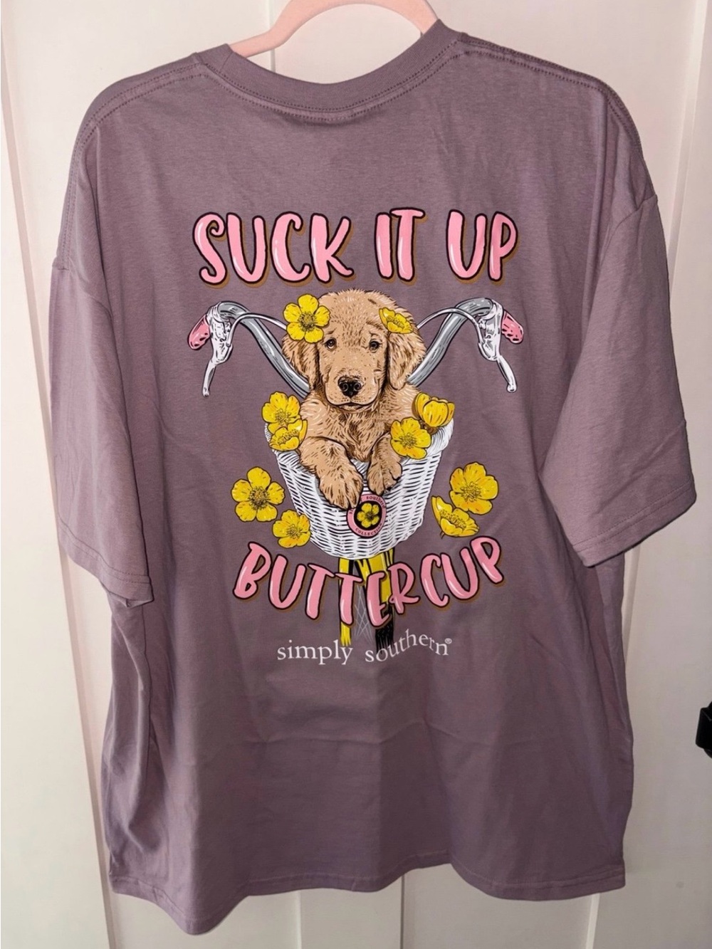 Simply Southern Suck it up Buttercup Tee Women’s Large Pup Bicycle T-shirt New